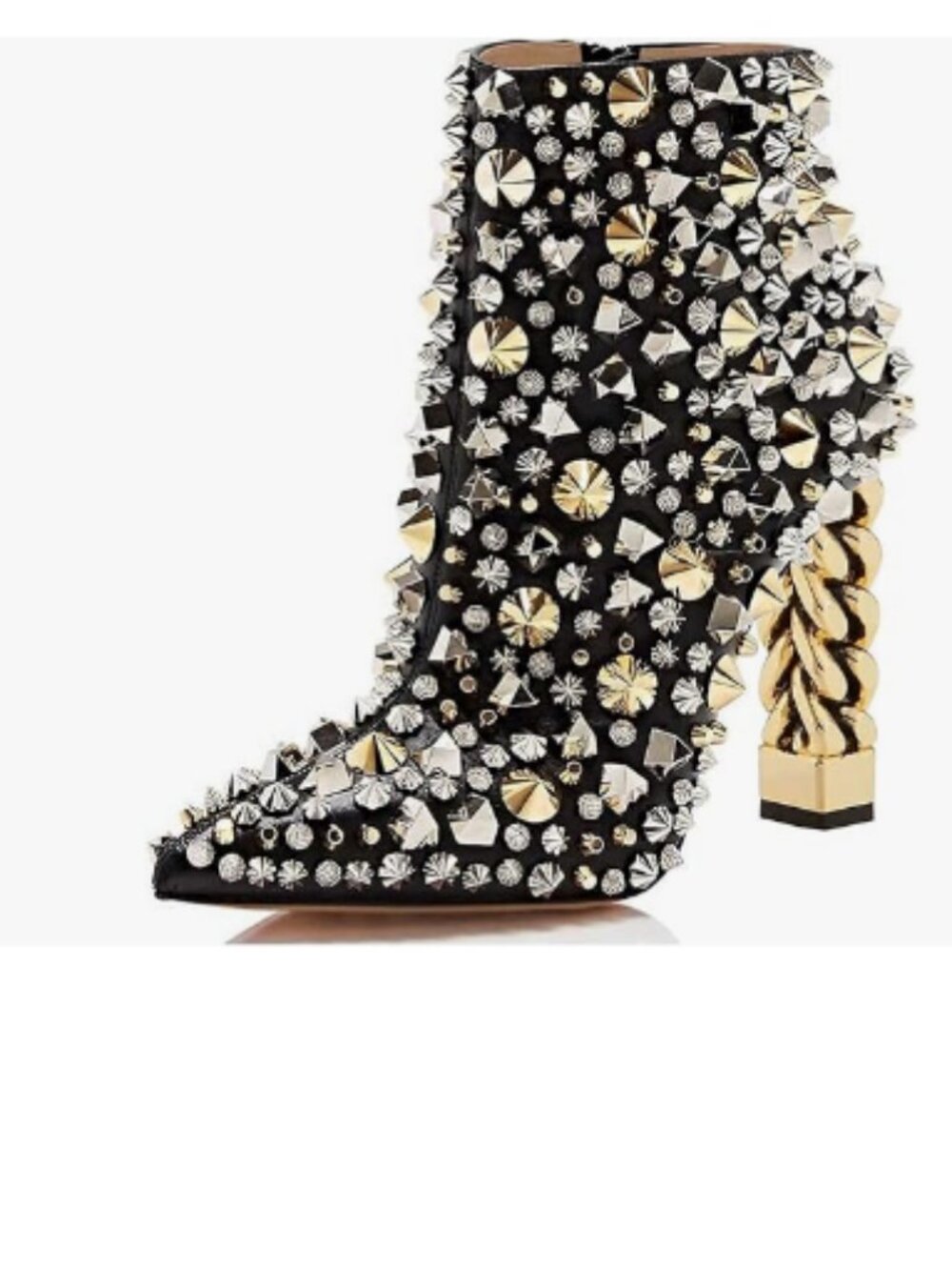 FSJ Black Rivets Pointed Toe Ankle Boot Chunky Gold High Heel Bootie Party Shoes